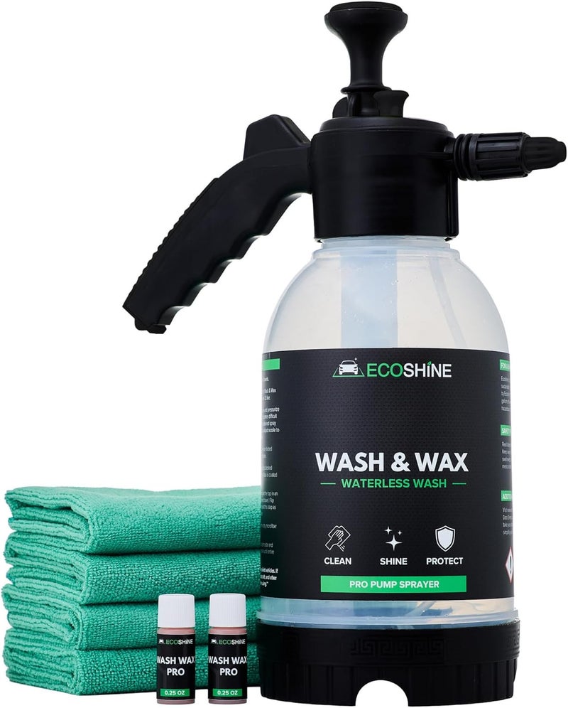 Eco Shine طقم غسيل السيارات بدون ماء | صيغة غسيل وشمع مركزة للغاية بدون شطف مع بخاخ مضخة غير رغوي لتفاصيل السيارة السريعة | يصنع 1 جالون من غسيل وشمع جاهز للاستخدام بدون ماء - Image 1